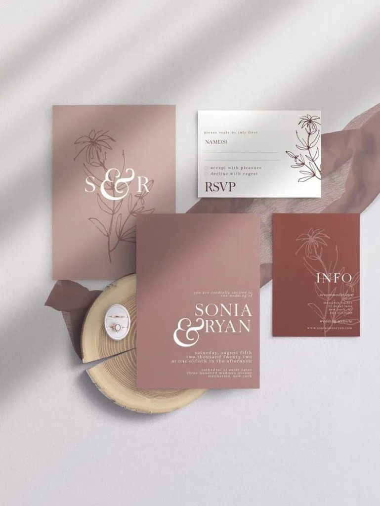 dusty mauve wedding invitation suite with terracotta and copper